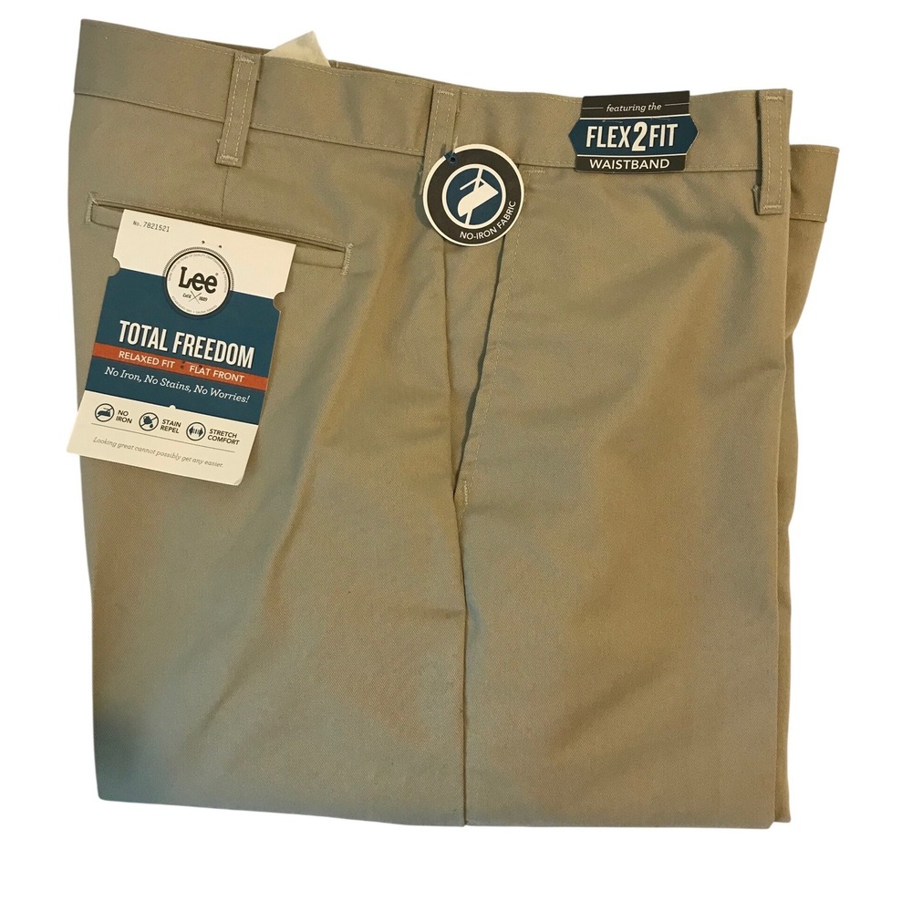 Lee Total Freedom Relaxed Fit Khaki Pants Mens 34x32 Flex2Fit No Iron Flat Front